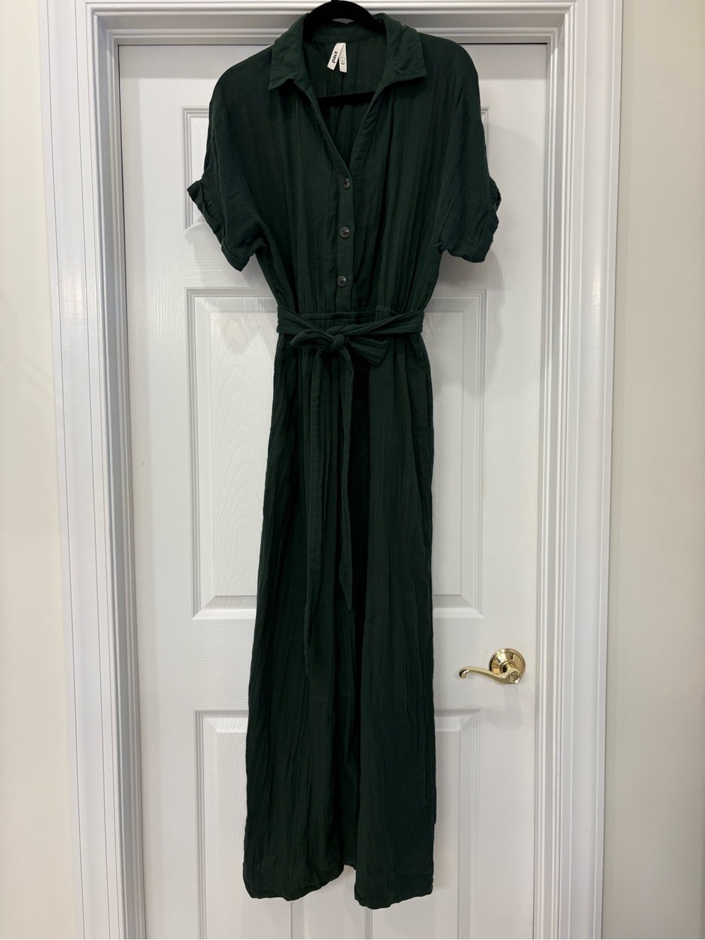 Pact Dark Green Button-Front Shirt Jumpsuit with Waist Tie